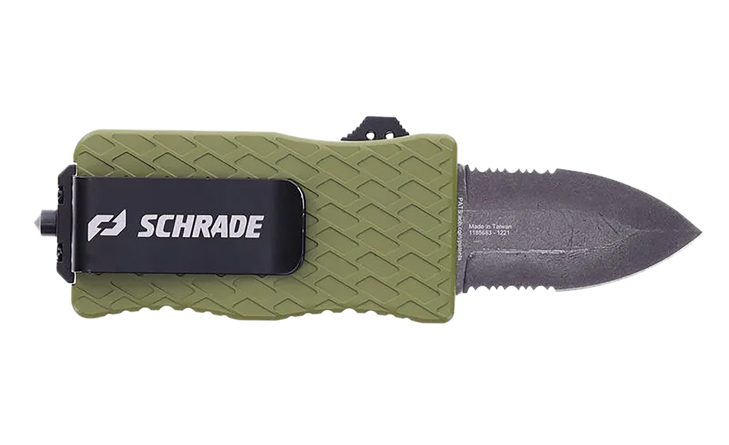Schrade knife with green handle and serrated blade.