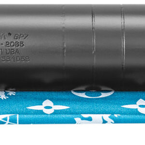 Black firearm suppressor on blue cloth