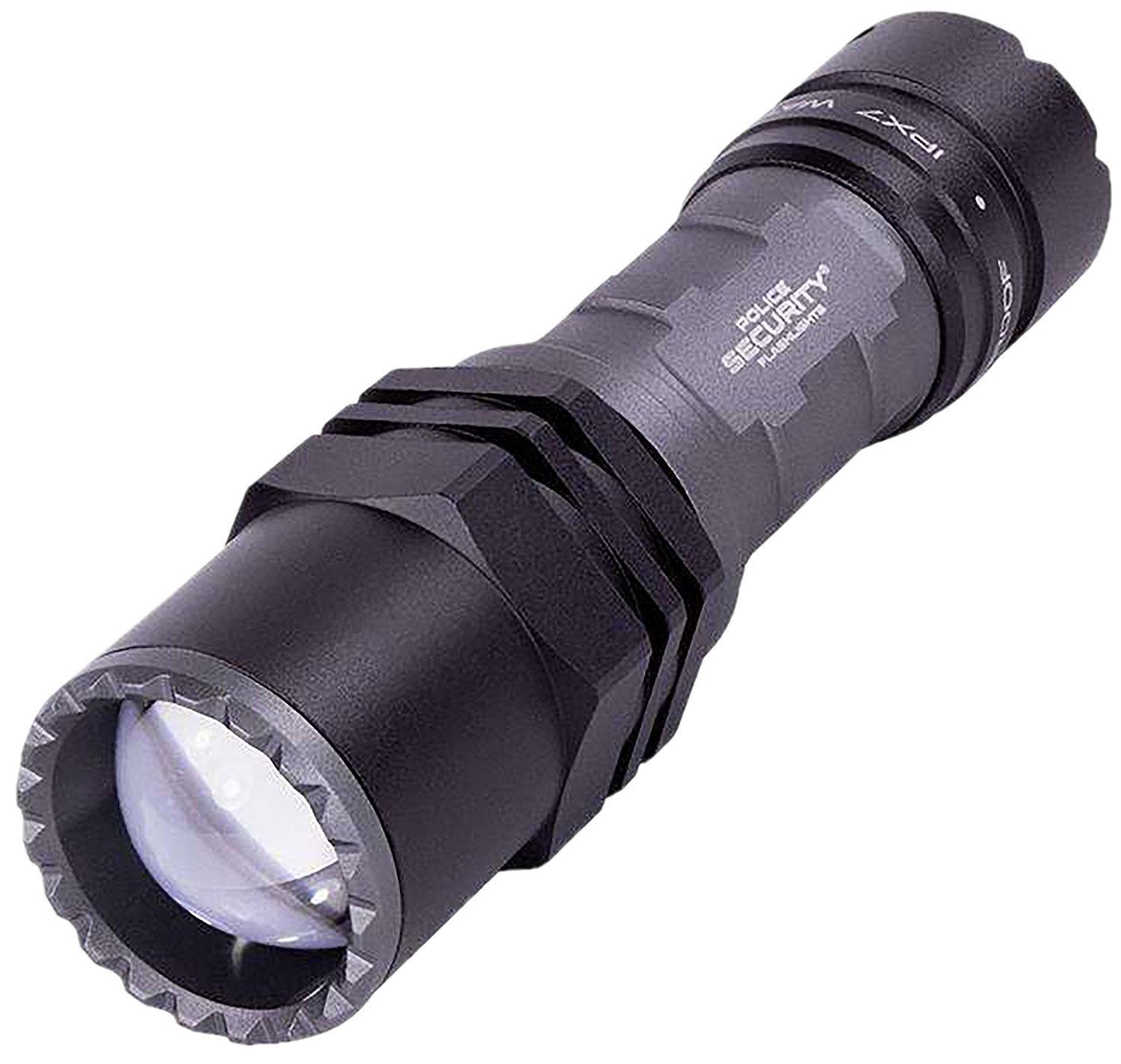 Black tactical flashlight with textured grip.