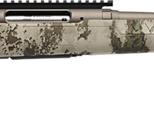 Camouflaged rifle with tactical features.