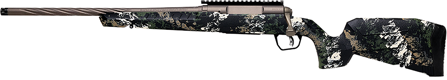 Camo-patterned hunting rifle on white background.