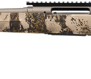 Camo-patterned rifle with long barrel