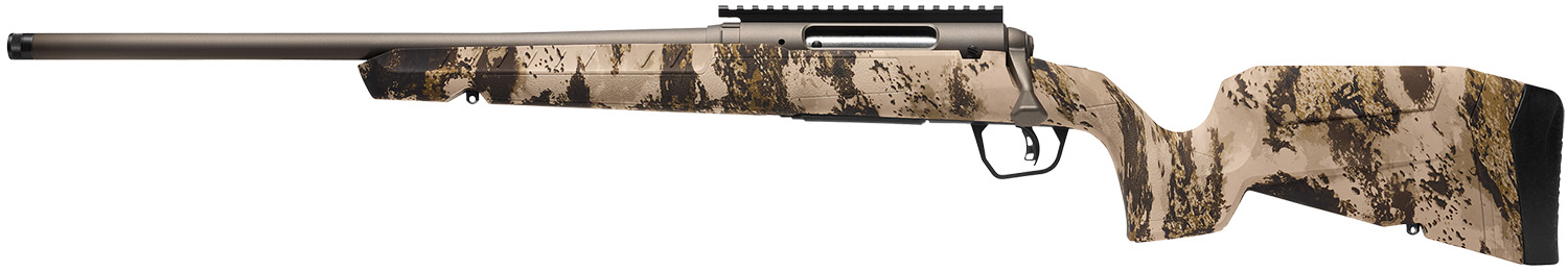 Camo-patterned rifle with long barrel