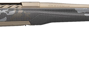 Side view of a camouflaged hunting rifle.