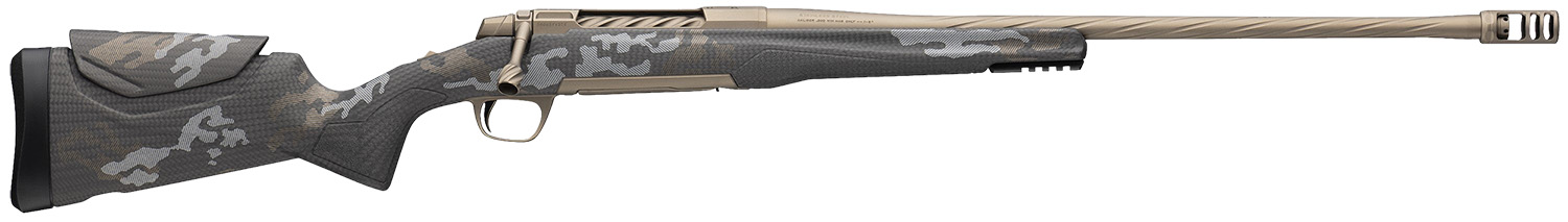 Camo-patterned hunting rifle with sleek design.