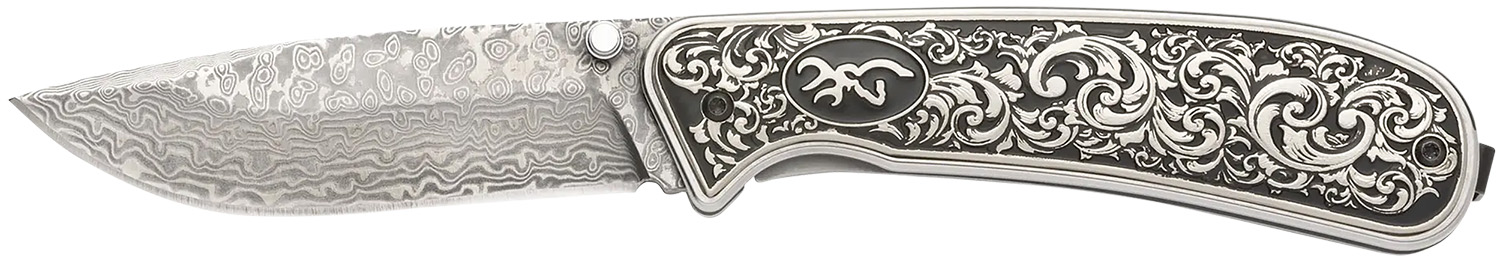 Decorative folding knife with damascus steel blade.