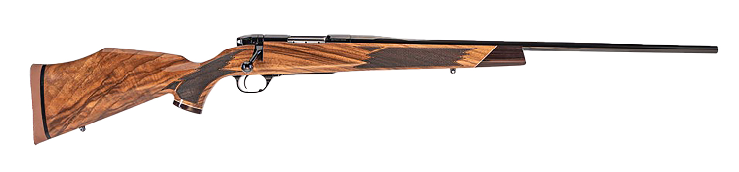 Wooden rifle with sleek design and long barrel.