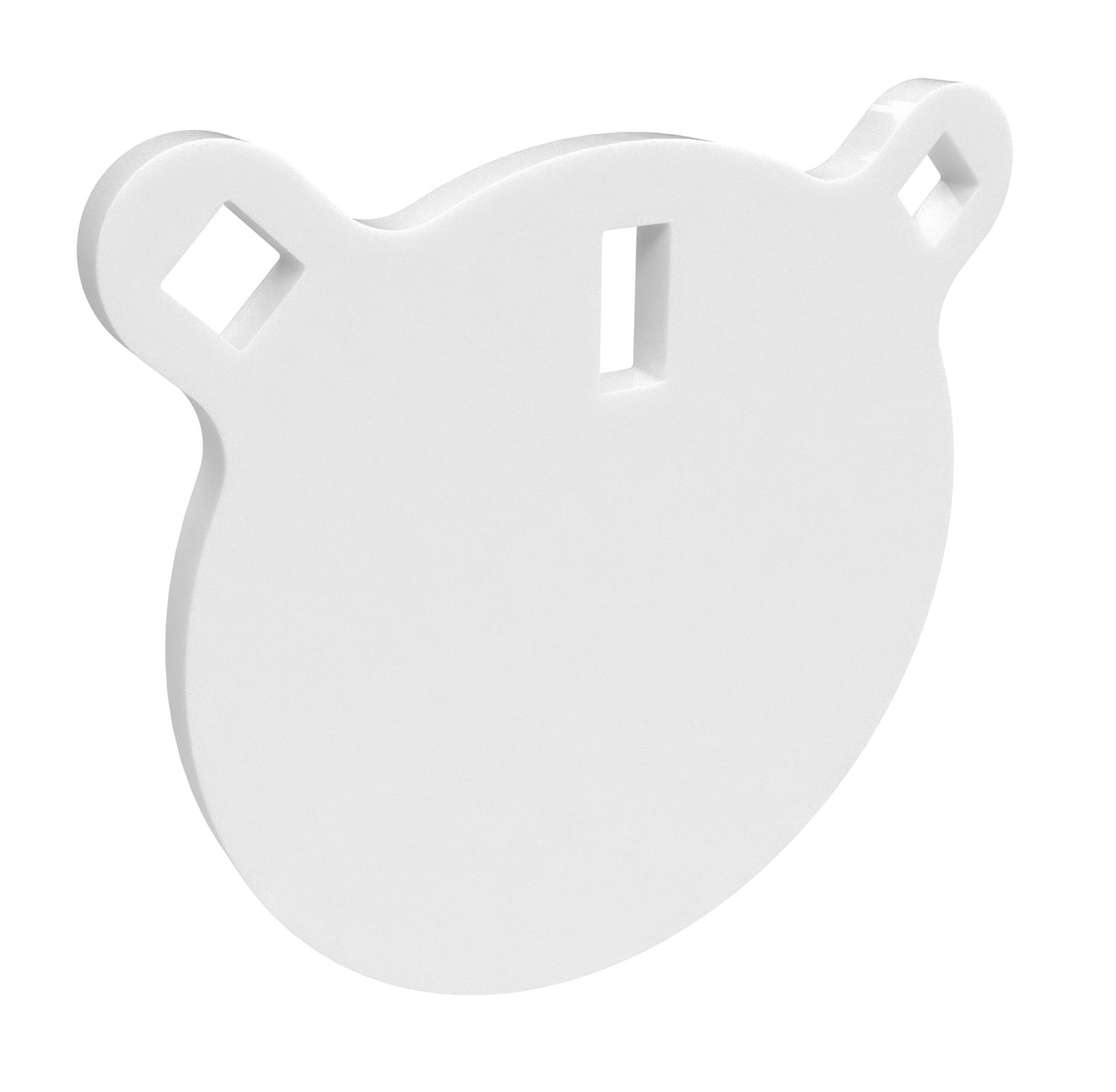 Round white plastic tag with slots