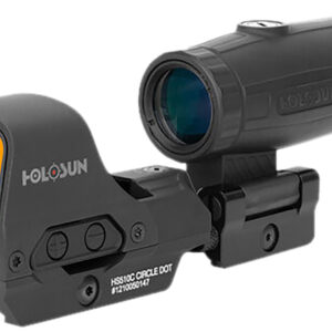 Holosun red dot sight with magnifier attachment.