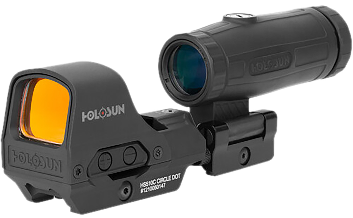 Holosun red dot sight with magnifier attachment.