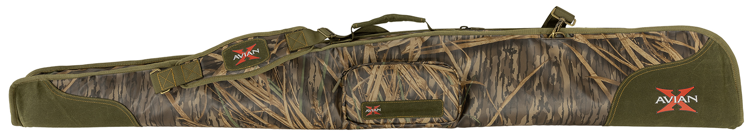 Camo gun case with adjustable strap and pocket.