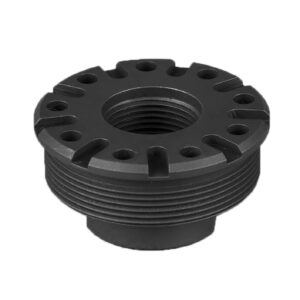 Black metal threaded cylindrical part with holes.