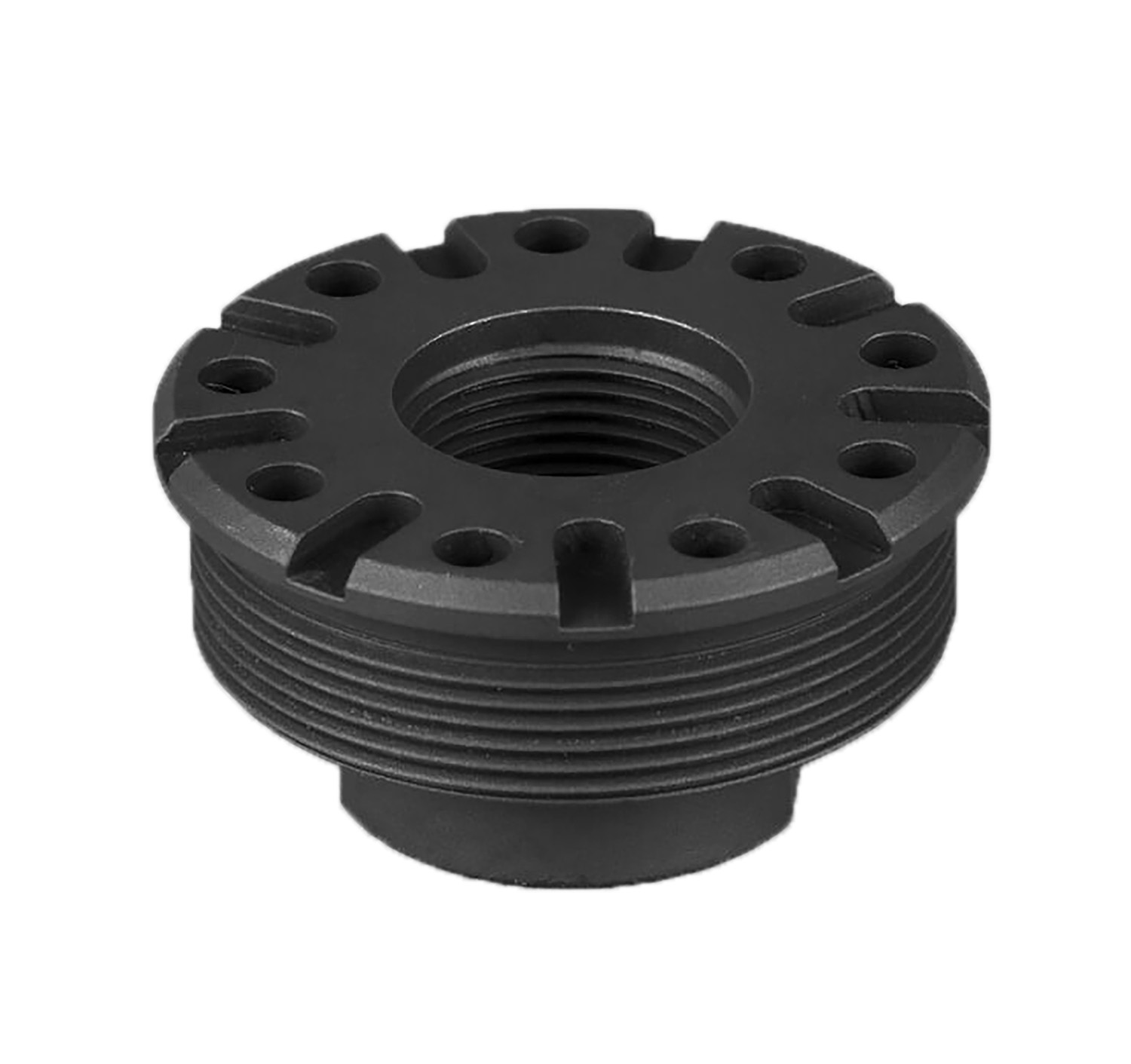 Black metal threaded cylindrical part with holes.