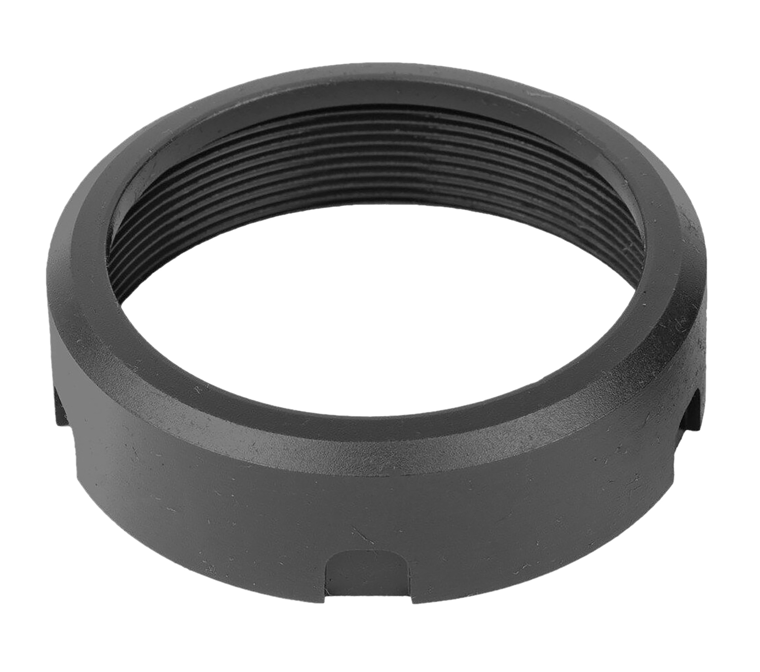 Black threaded metal ring for attachment purposes.