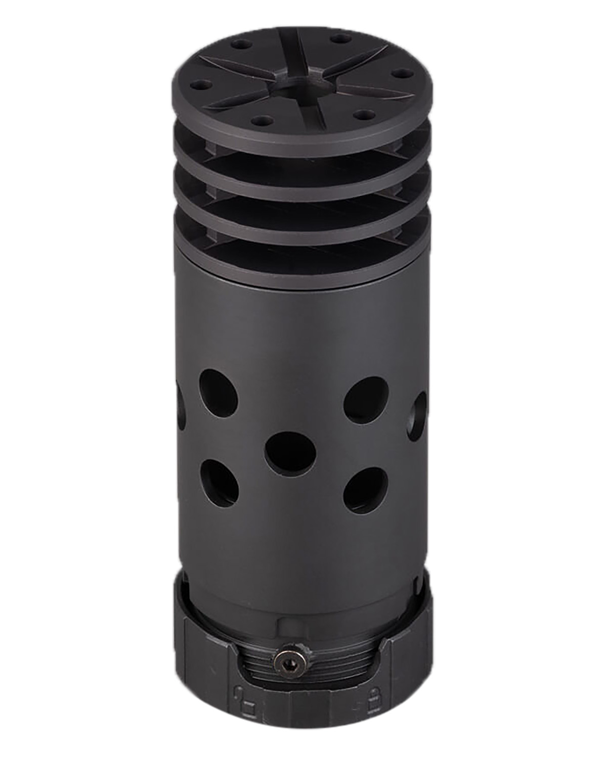 Black cylindrical device with ventilation holes.