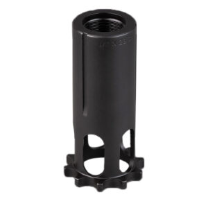 Black metal component with threaded interior and openings.