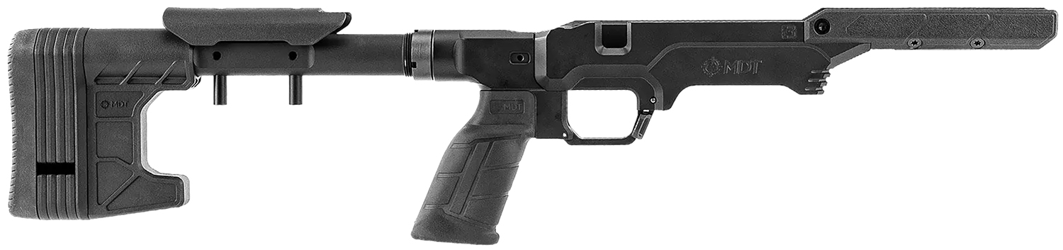 Black gun stock with adjustable features.