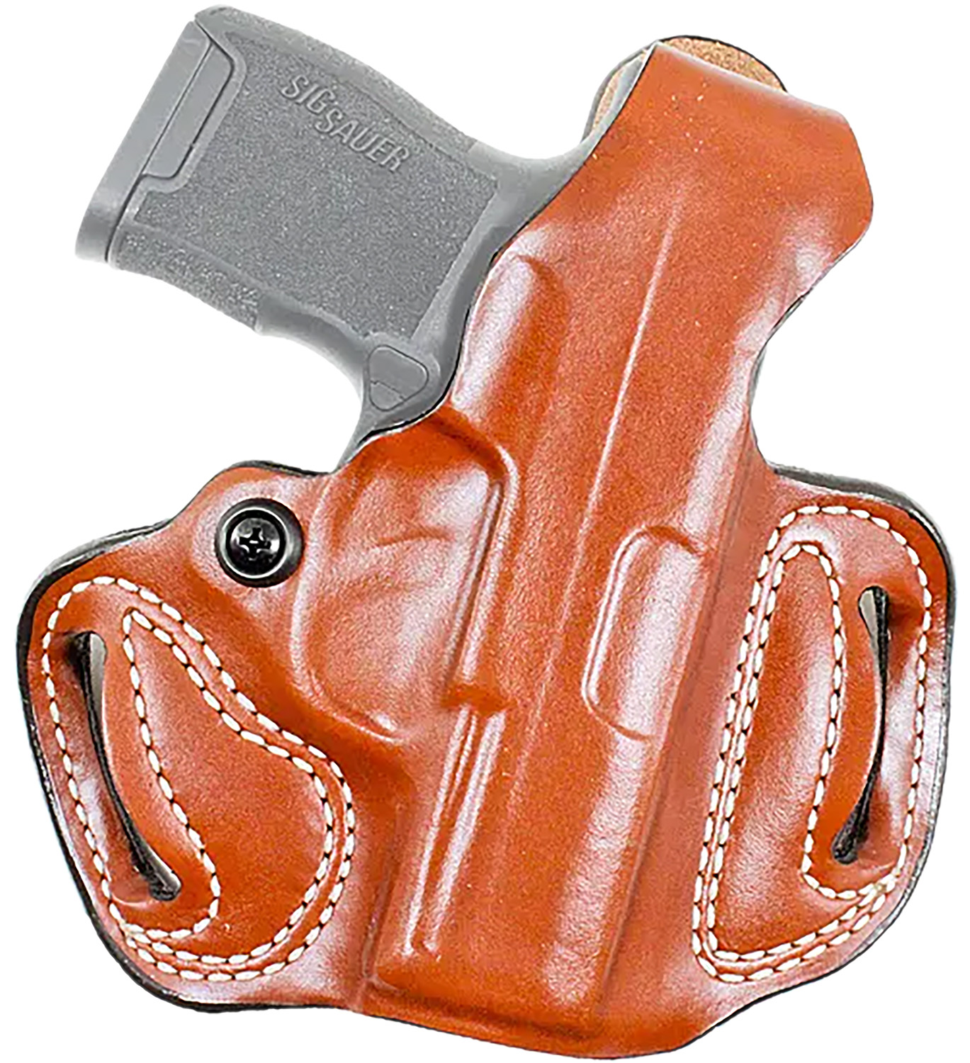 Handgun in a brown leather holster.