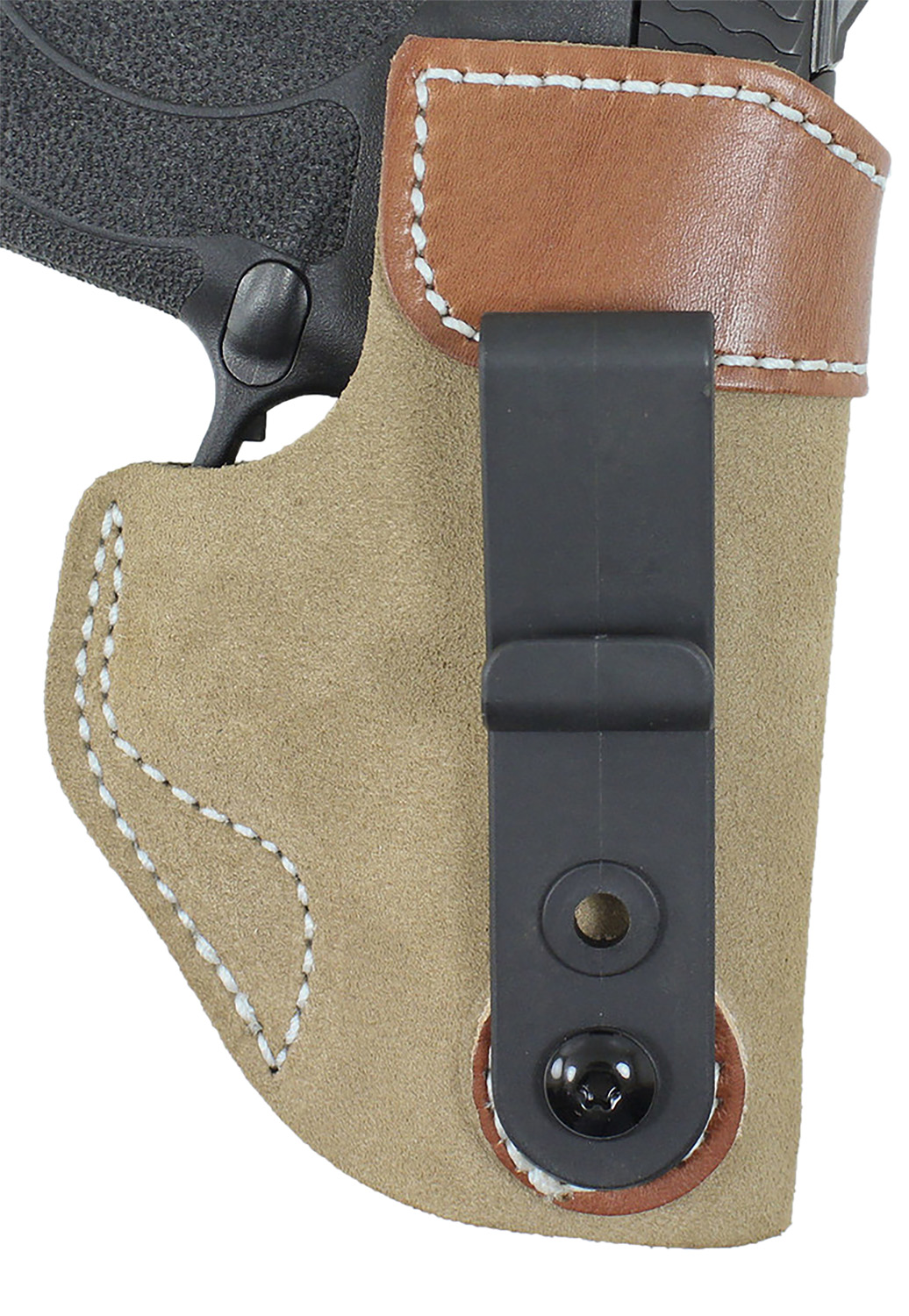 Close-up of a leather holster with clip.