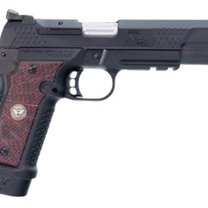Black handgun with textured grip and metal slide.