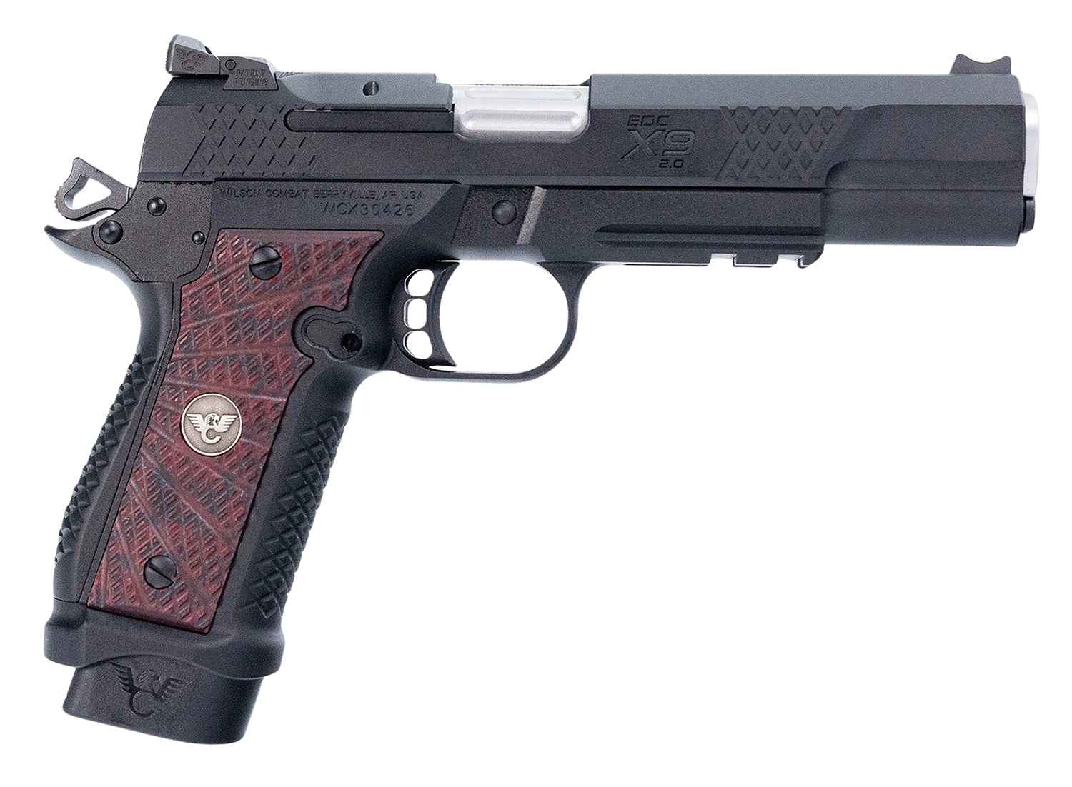 Black handgun with textured grip and metal slide.