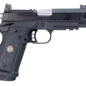 Semi-automatic handgun with a textured grip.