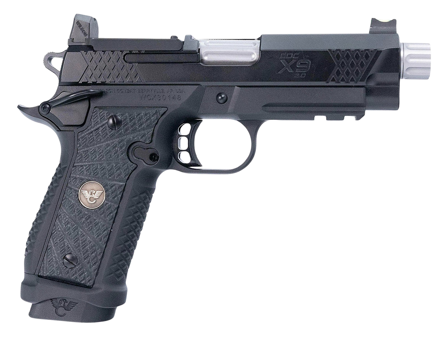 Semi-automatic handgun with a textured grip.