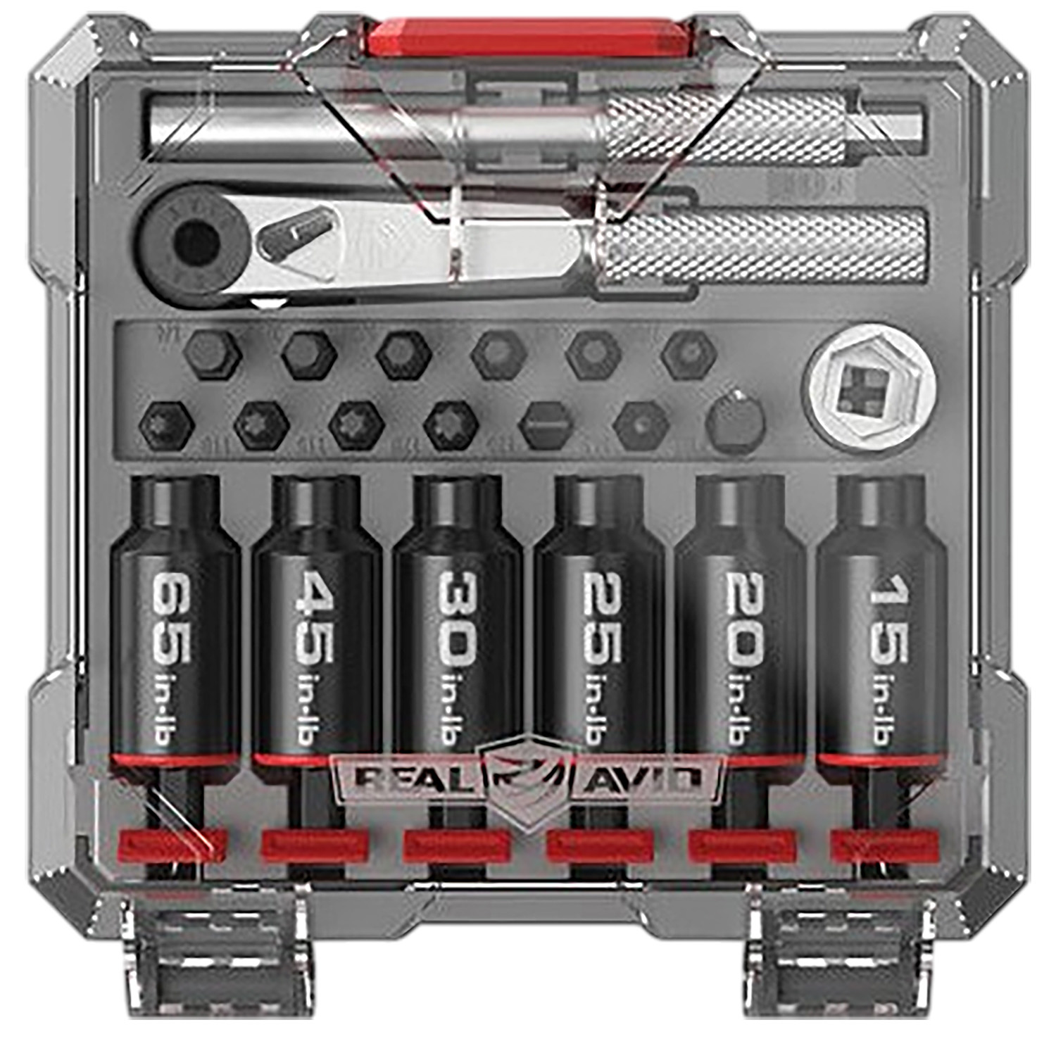 Tool set with various torque bits and accessories.