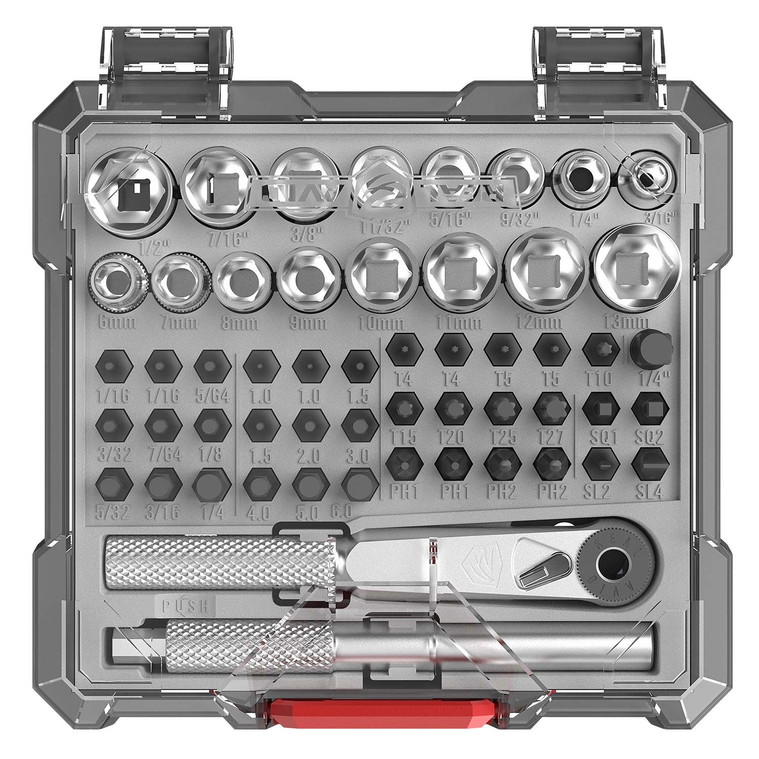 Complete set of various socket and screwdriver bits.