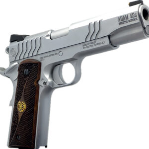 Silver handgun with wooden grip