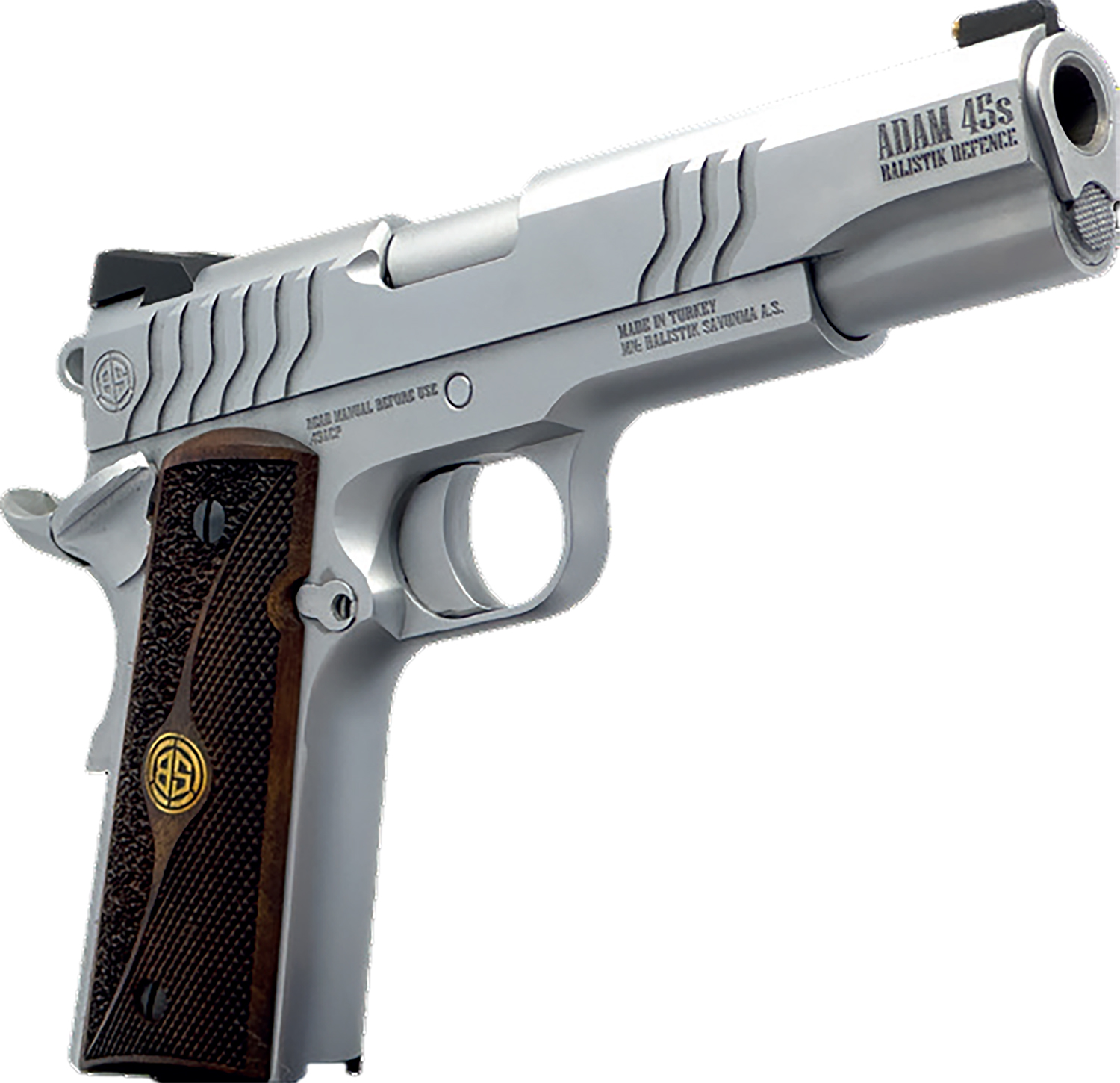 Silver handgun with wooden grip