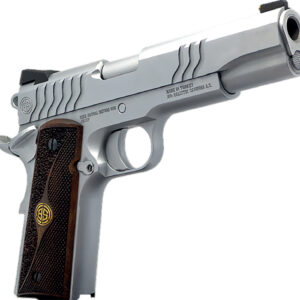 Silver handgun with wooden grip, side view.