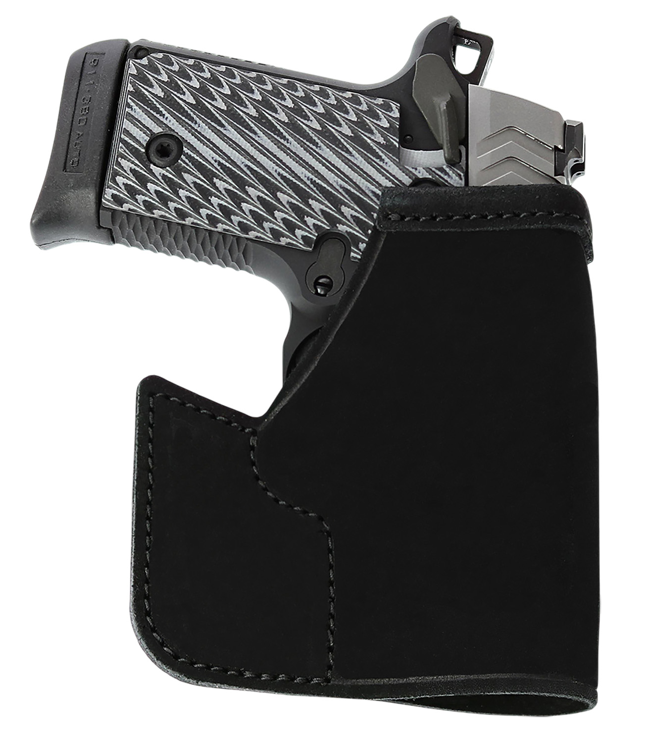 Handgun in black leather holster.