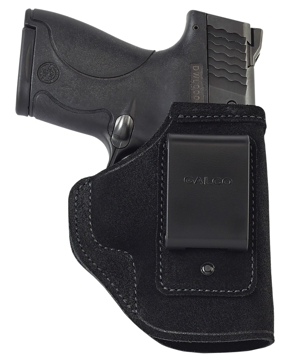 Black handgun in a holster for safety.