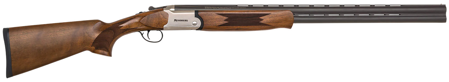 Side view of a wooden shotgun.