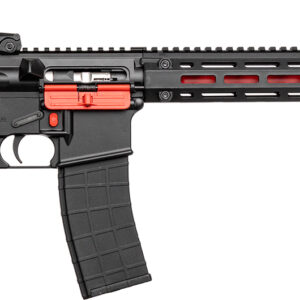 Black and red firearm on a white background.