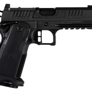 Side view of a modern black handgun.