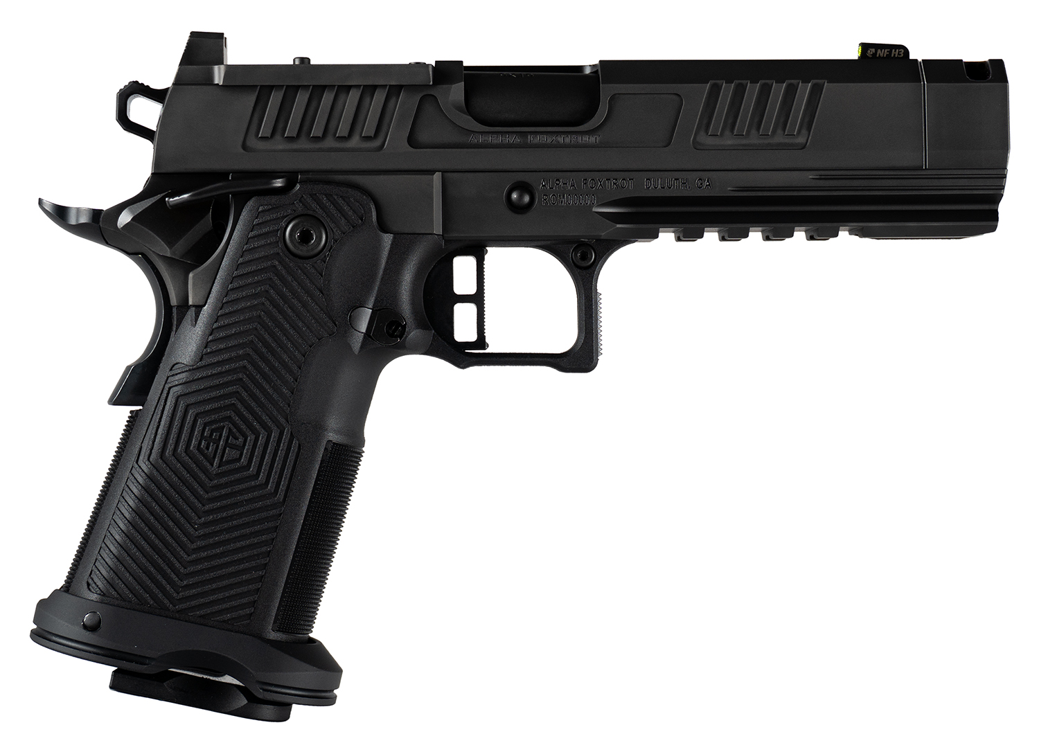 Side view of a modern black handgun.