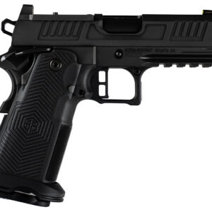 Side view of a black handgun with grip.