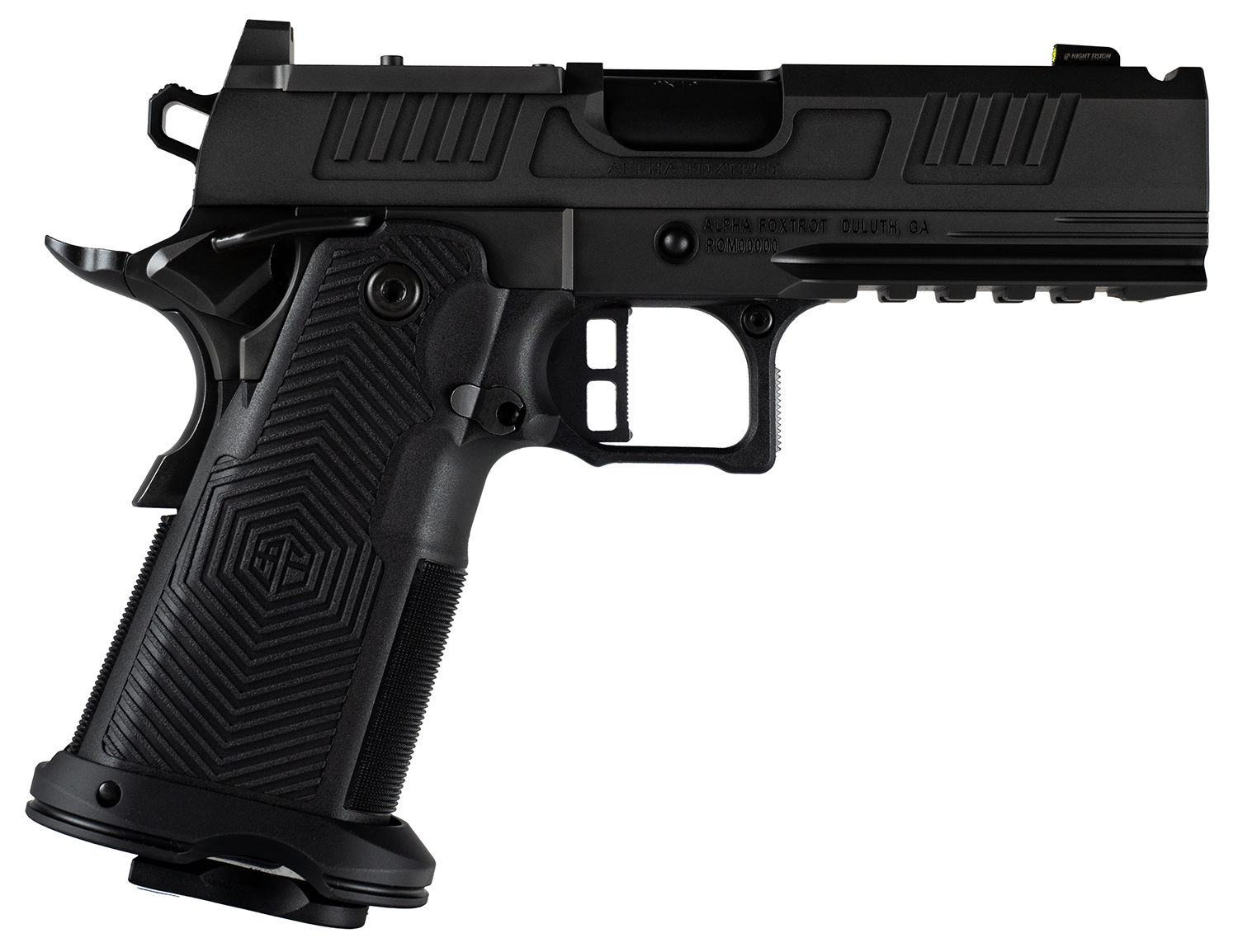 Side view of a black handgun with grip.