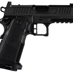 Black handgun with textured grip and safety features