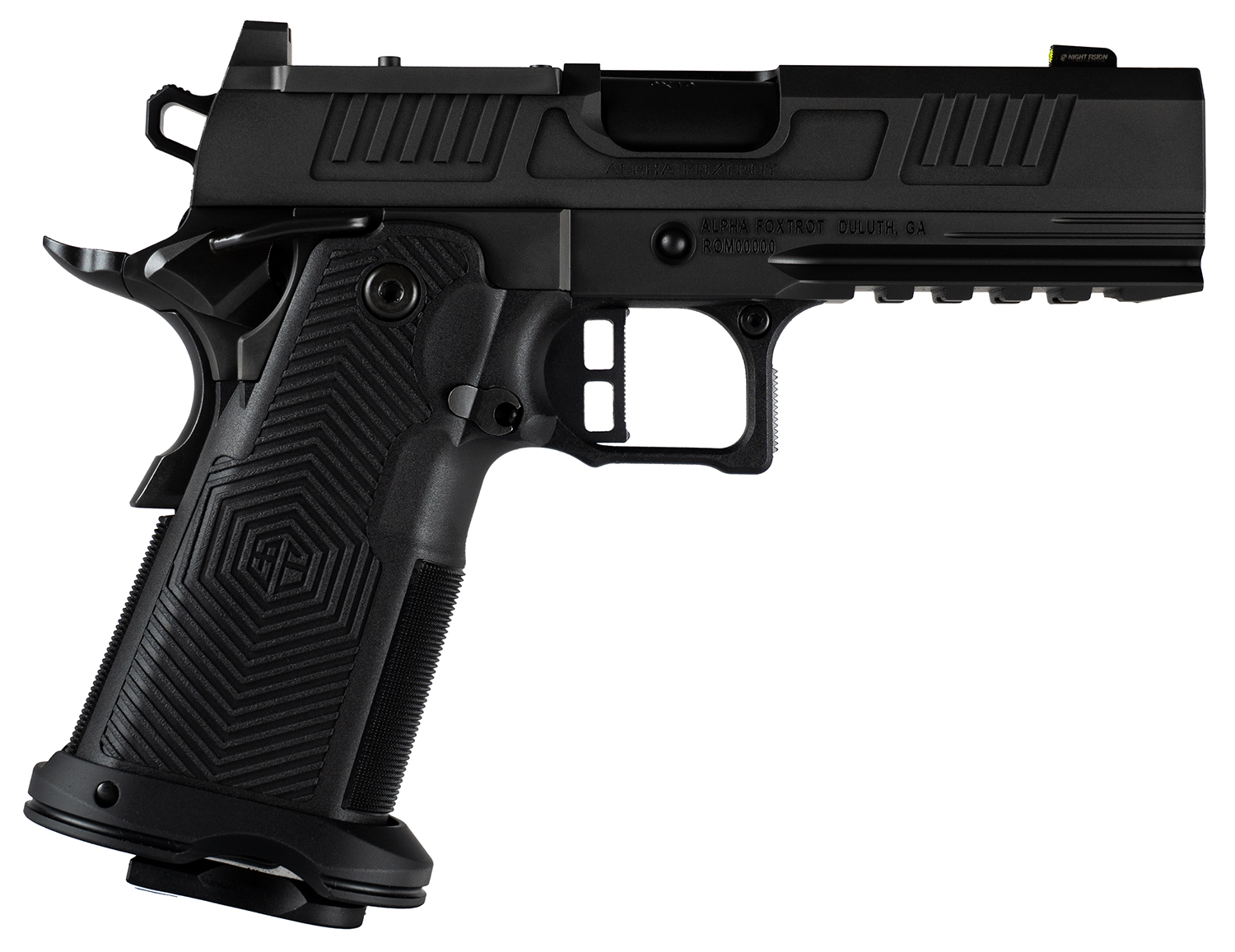 Black handgun with textured grip and safety features
