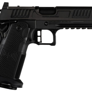 Black semi-automatic handgun on a white background.