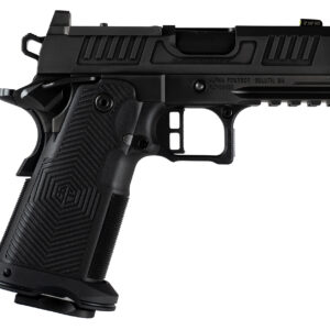 Black handgun with modern design and textured grip.