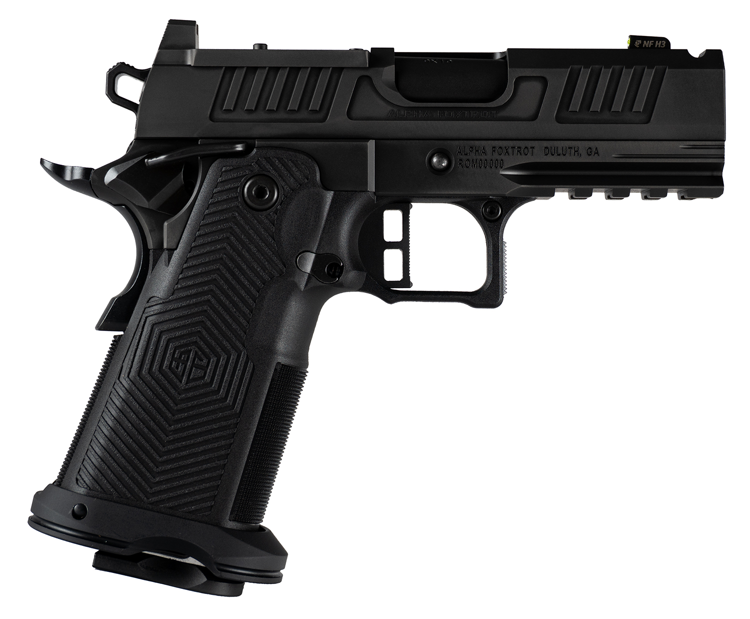Black handgun with modern design and textured grip.
