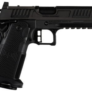 Black pistol with textured grip and safety features