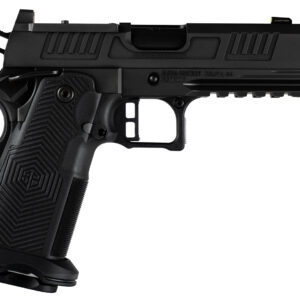 Side view of a modern black handgun.