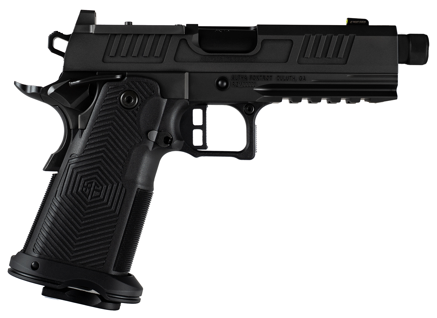 Side view of a modern black handgun.