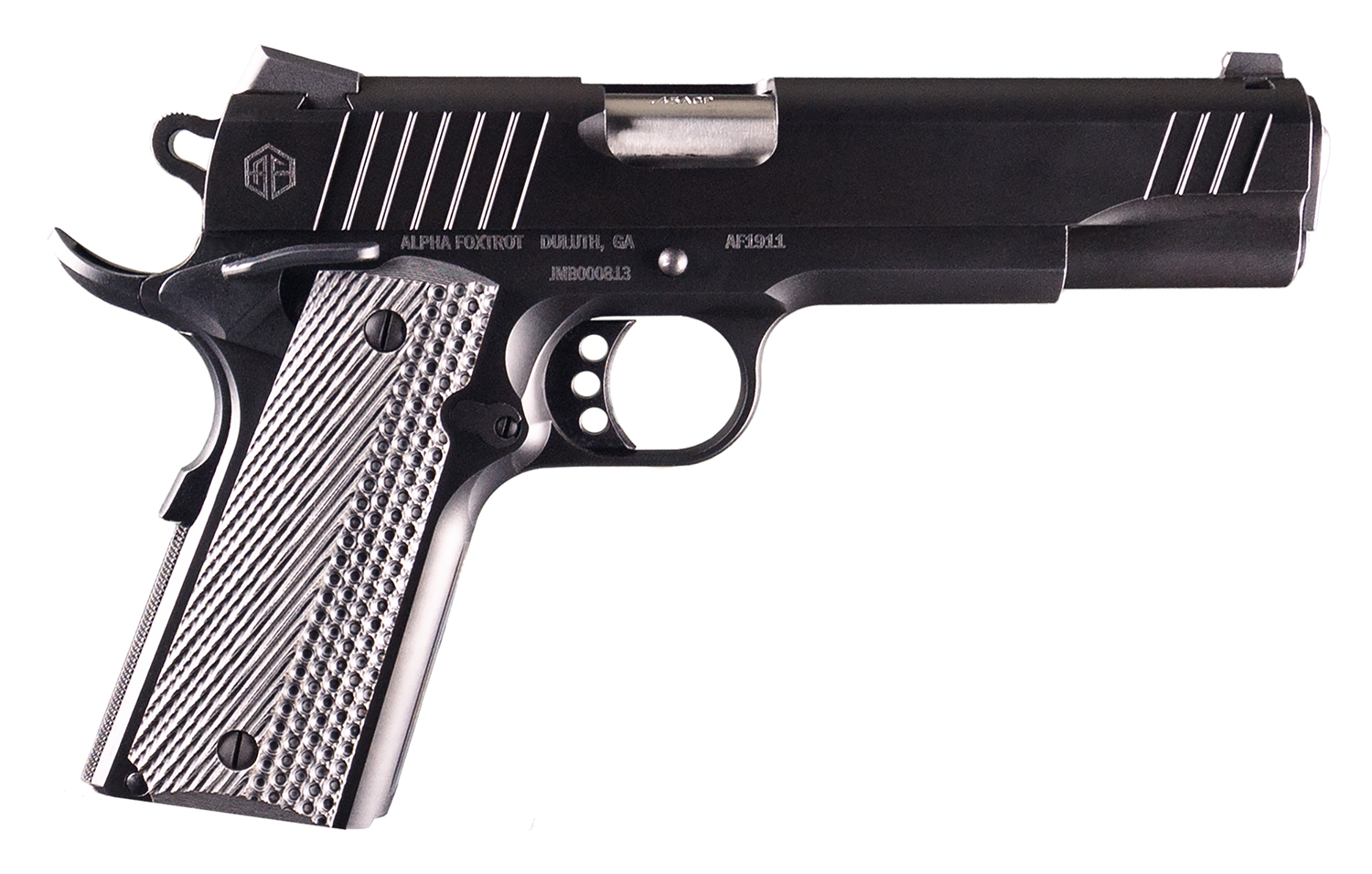 Close-up of a black semi-automatic handgun.