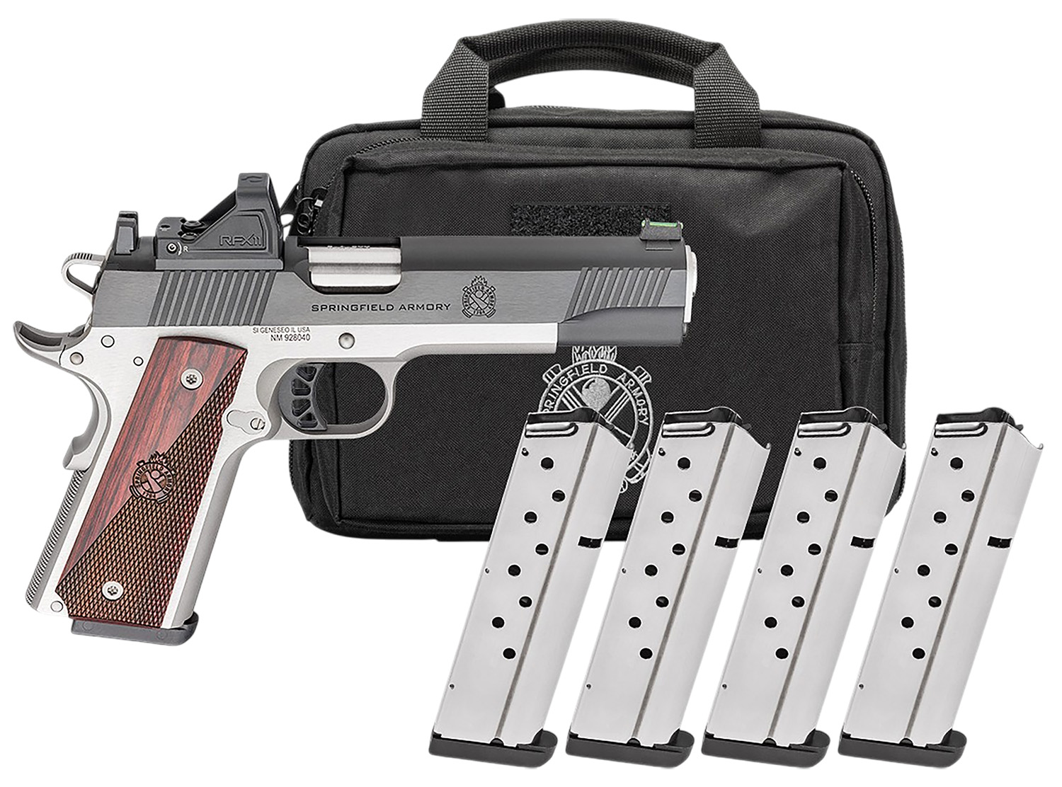Springfield Armory pistol with magazines and case.